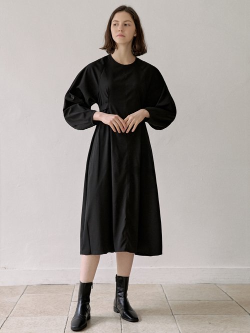 AVANT-G Waist Strap Volume Sleeve Dress - BLACK