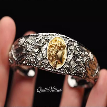 Quellavillous イタリアンクイーンエンジェルブレスレット 925 シルバー 18K ゴールドメッキビンテージスタイルバングルヘビーゴールドハイ