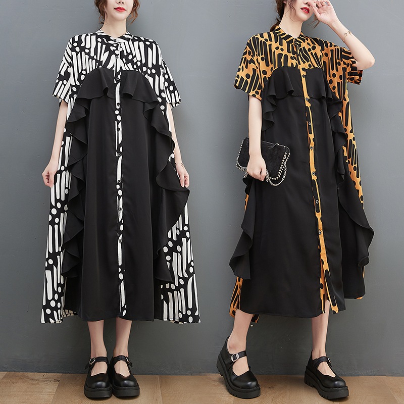 レディース ワンピース ロング 半袖 Aライン コンサバ 大人可愛い 上品 おしゃれ かっこいい アジアン 個性的 クール モード系 エレガント 主役級 都会的 ワイルド 無地 ドット柄 水玉 春 秋