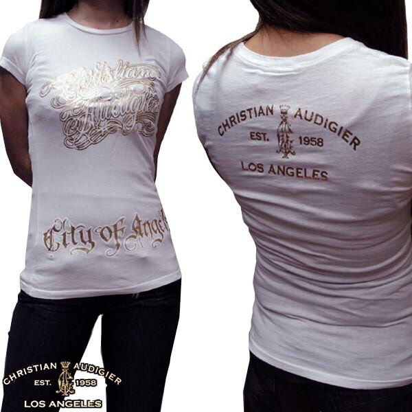 セール クリスチャンオードジェー レディース Tシャツ Christian Audigier CITY OF ANGELES ホワイト インポート セレブ カジュアル ハリウッド LAセレブ ファ