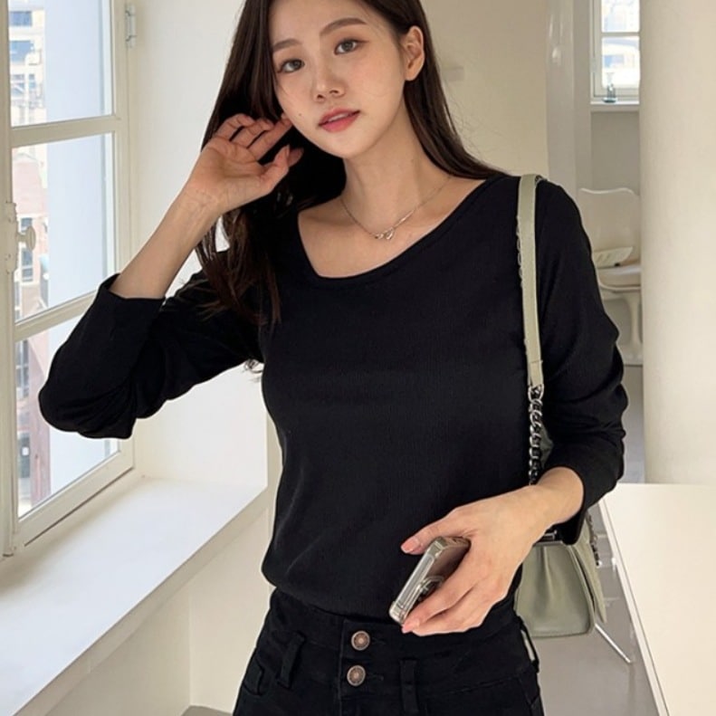 トップス リブカットソー ロングTシャツ スリムフィット デート カットソー プルオーバー 袖あり 長袖 ラウンドネック 襟なし アシンメトリー リブ 伸縮性 ポリエステル 大人可愛い きれいめ