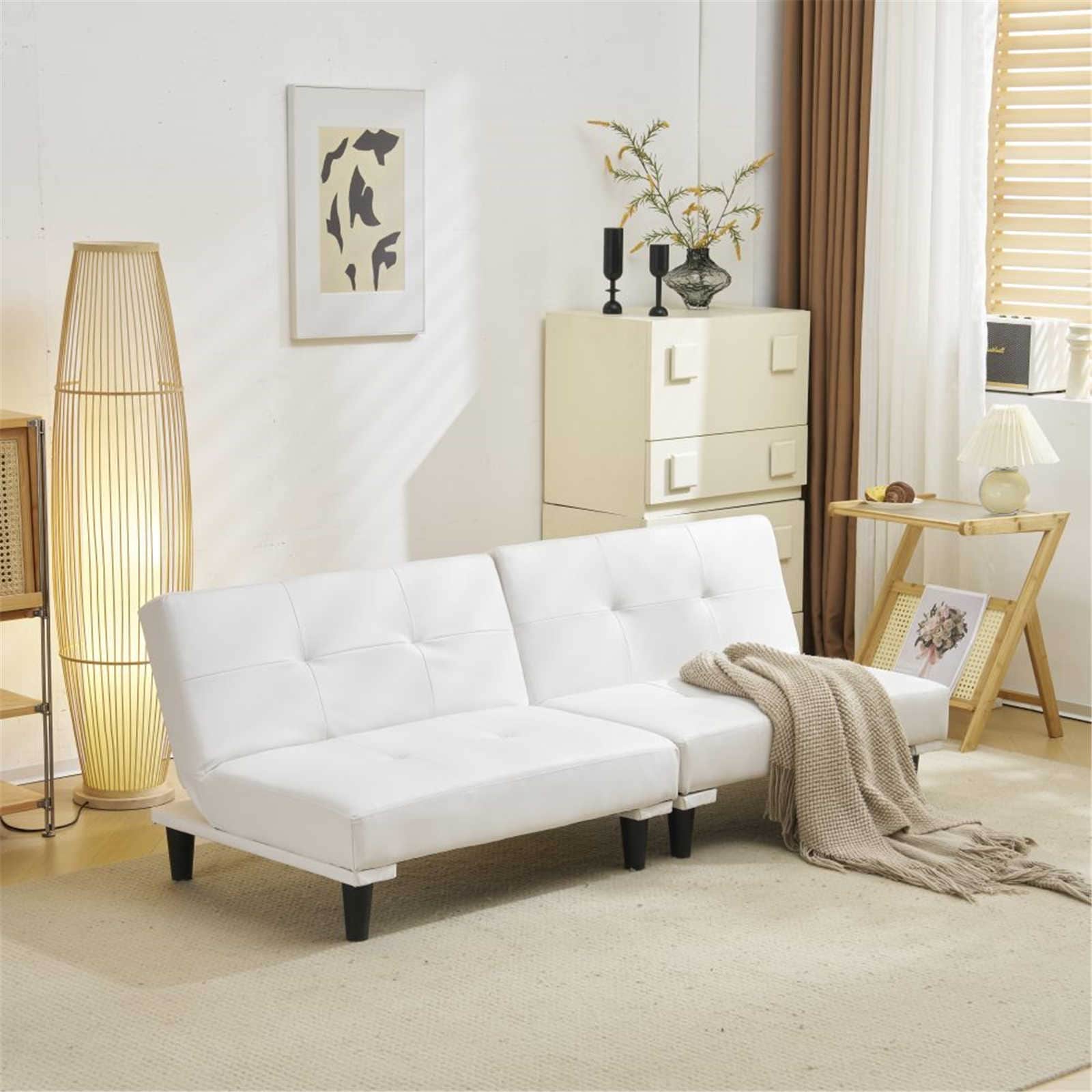 【日本国内出荷-3日で配達】PUソファベッド ソファ ベッド 2人 リクライニングソファ 背もたれ3段階と肘掛けが6段階に調節可能で 横方向 縦方向の組み合わせが可能で ホワイト DJYC162