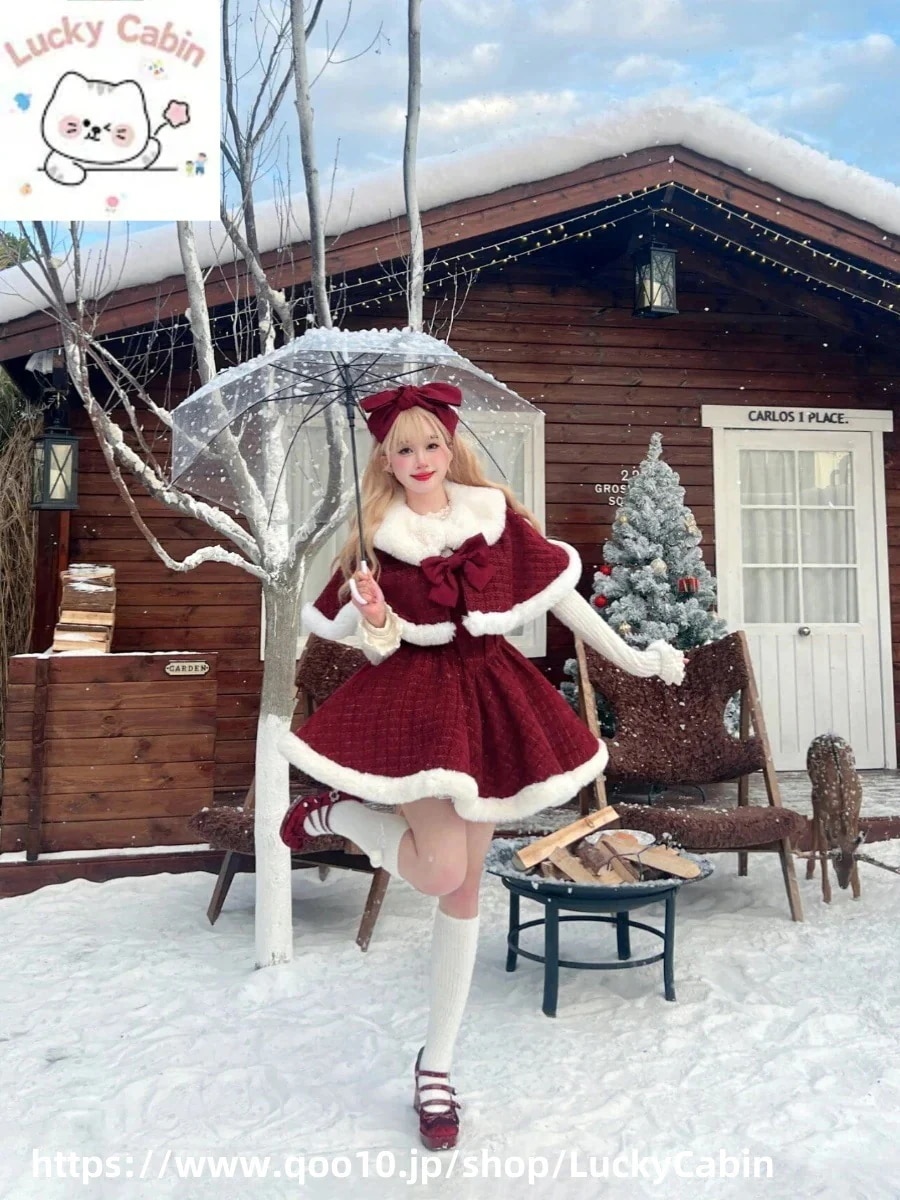 3天内迅速な出荷 ポンチョ クリスマス 】サンタコス レッド ロリータ キャミソールドレス脚魅せミニスカート ジャケット セット 【 蝶ネクタイ