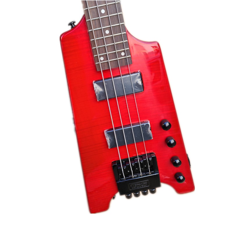 赤い4弦無頭電気ベース桃花心木思いやり虎紋楓木皮バラ木指板 HG703