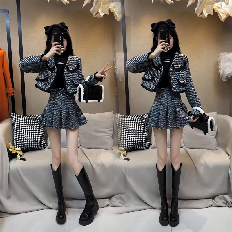 ハイエンドのカスタマイズ-気質ファッションスーツ女性のための春と秋の新しいスタイルの小さな香りのスーツショートジャケットハーフレングスプリーツスカート 2 点セット