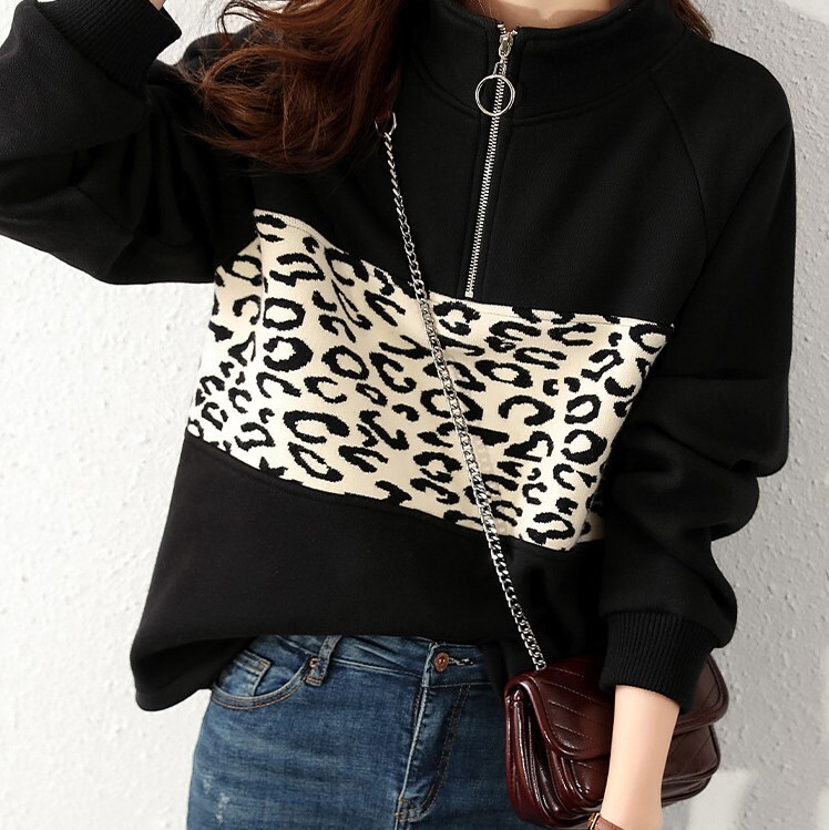 ヒョウ柄セーター ブラック ピンク トップス ニットソー セーター ロング スリム 細身 ストレート