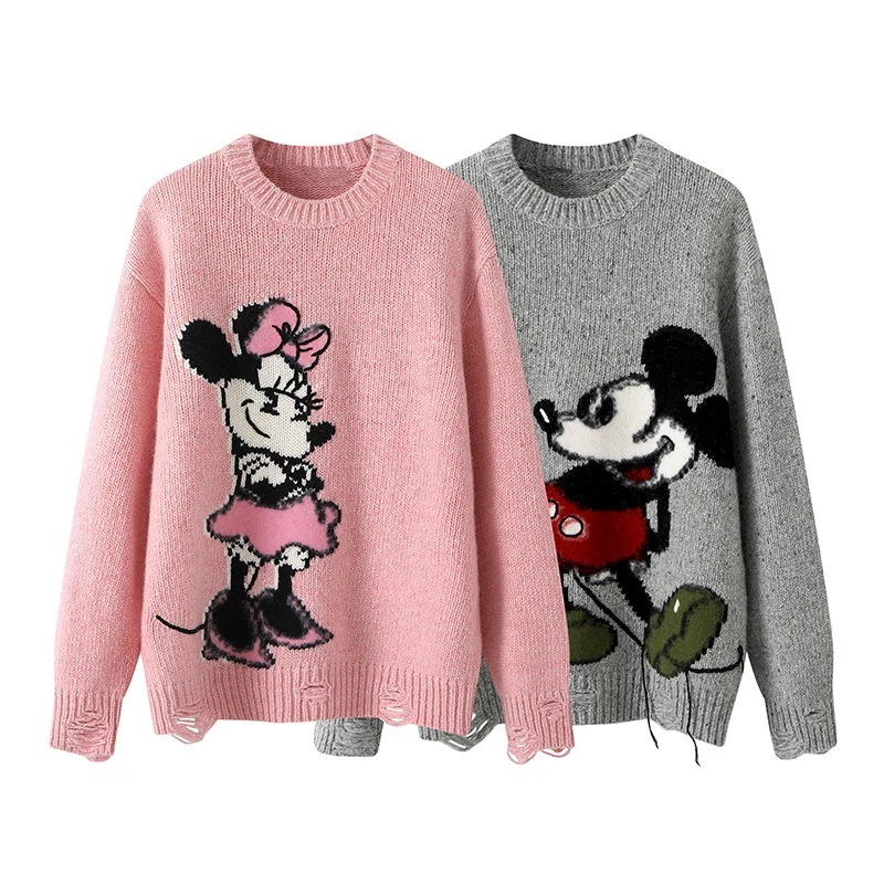 ミッキーとミニーの刺繍入りジャカードルーズダメージセーター性用ミッキー