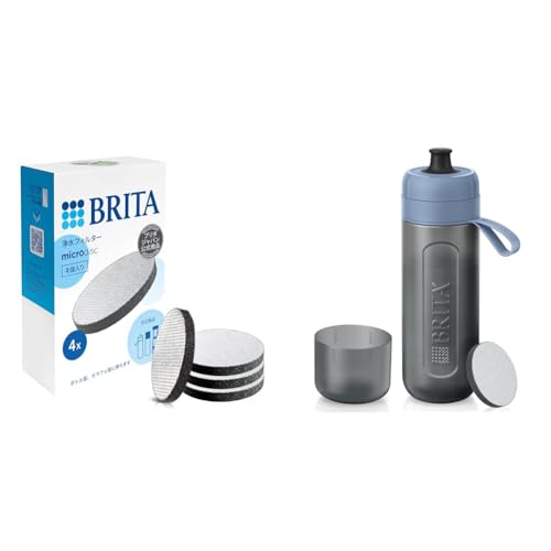 【セット買い】ブリタ 交換用 浄水 マイクロディスクカートリッジ 4個セット ボトル・カラフェ型浄水器用【日本正規品】＋ ブリタ 水筒 ボトル型 浄水器 アクティブ ダークブルー 600ml カートリ