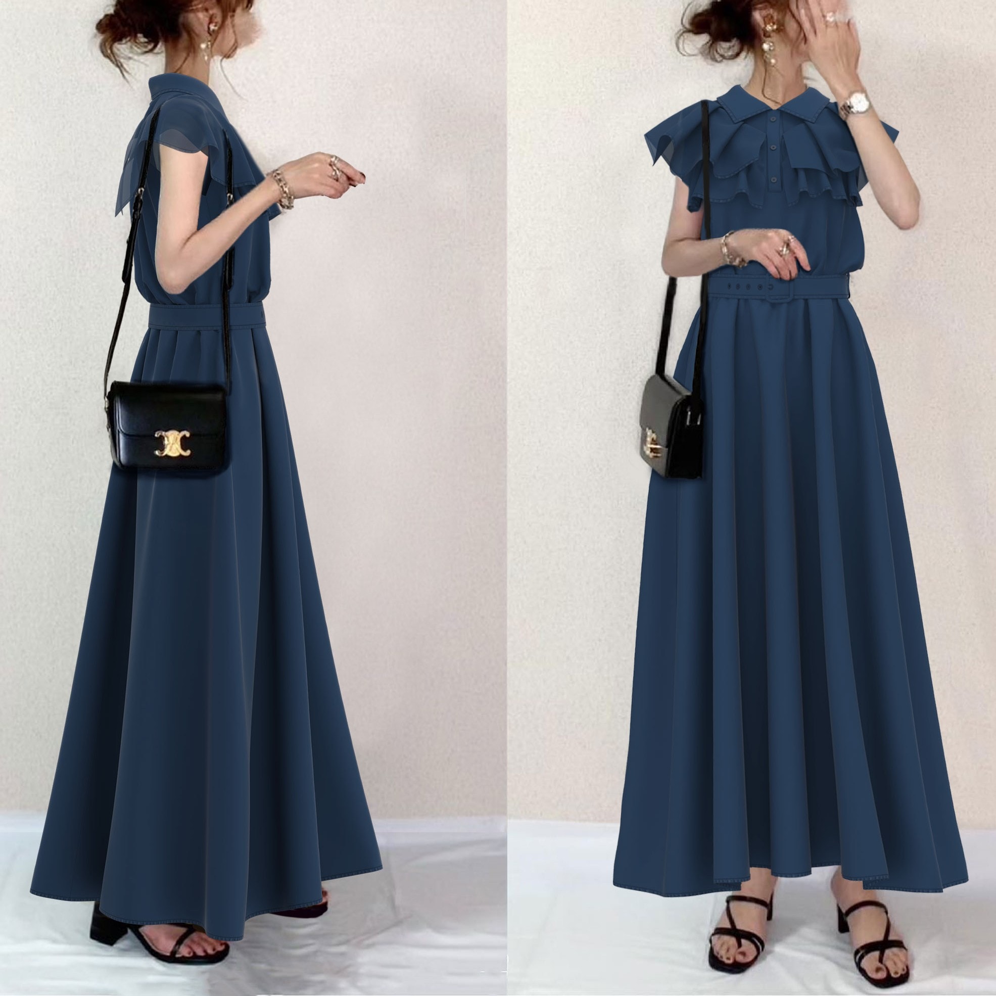 【 今季大注目のアップ】 高見えデザインエレガントギャザー無地ハイウエストマキシワンピース