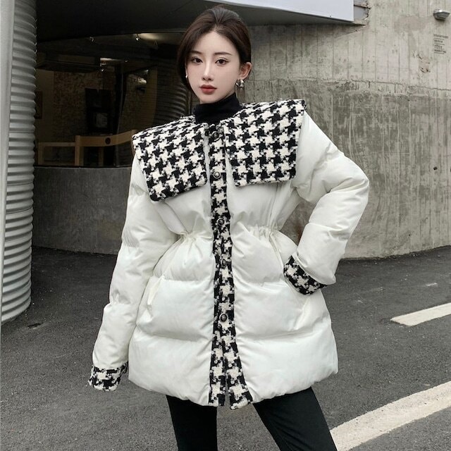 レディース 千鳥格子柄カラーステッチ ダウンコート ダウンジャケット コットンジャケット ミドル丈長袖コート ジャケット 大人可愛い ママコーデ ママファッション 韓国系 オルチャン 人気 トレンド