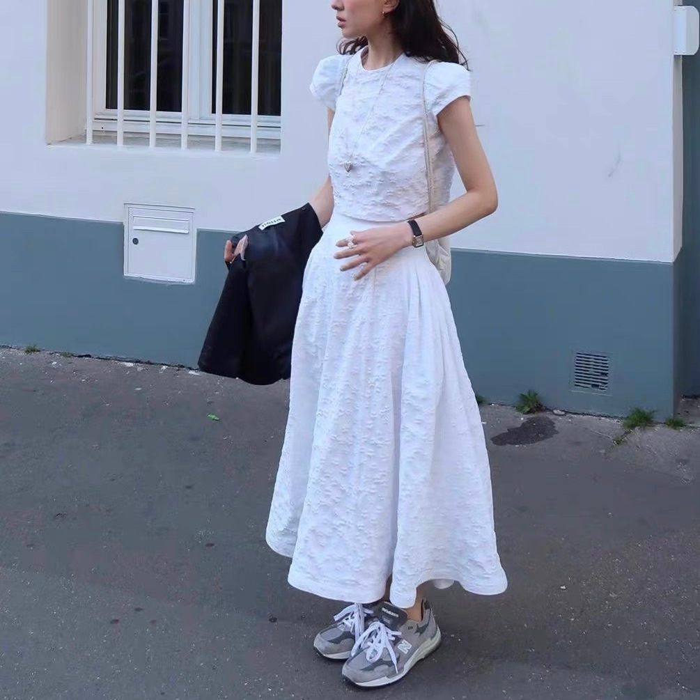 レディース トップス パンツ ボトムス カットソー セットアップ フレアスカート ロングスカート ロング マキシ 半袖 パフスリーブ ラウンドネック フレア Aライン フェミニン ハイウエスト