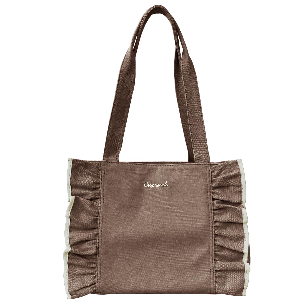 [ジゼル] トートバッグ 大きめ 大容量 帆布 キャンバス バッグ マザーズバッグ 肩掛け フリル レディース (ピンクブラウン)