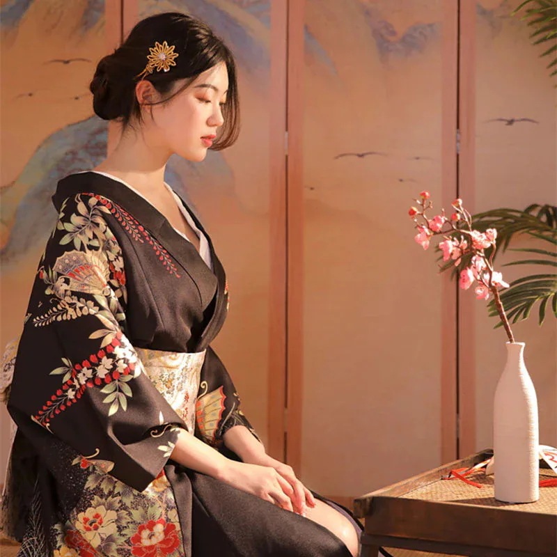 ブラック 四季 トラディショナル 着物 衣類 浴衣 日本スタイル 女性用 改良版 新しいスタイル