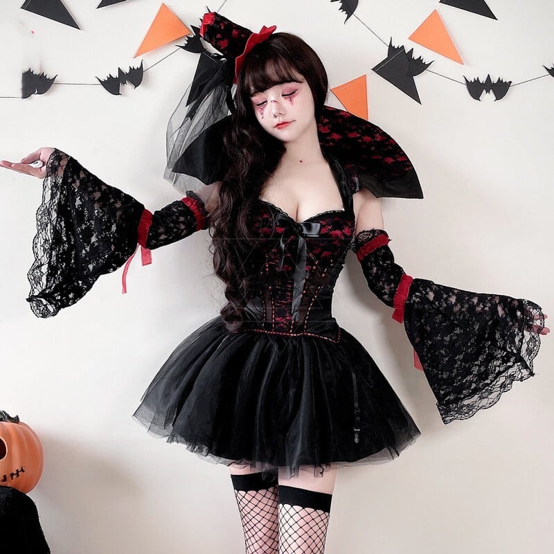 （4点セット）ハロウィン ゴシック 魔女 レース コスプレ 仮装 文化祭 お祭り セット
