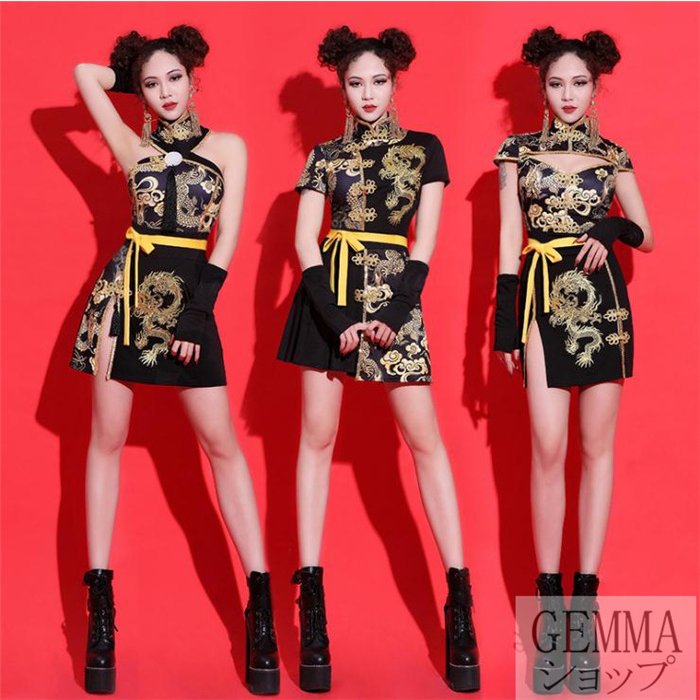 大人ダンス衣装 レディース セクシー ブラック ゴールド 団体服 舞台衣装イベント JAZZ dj