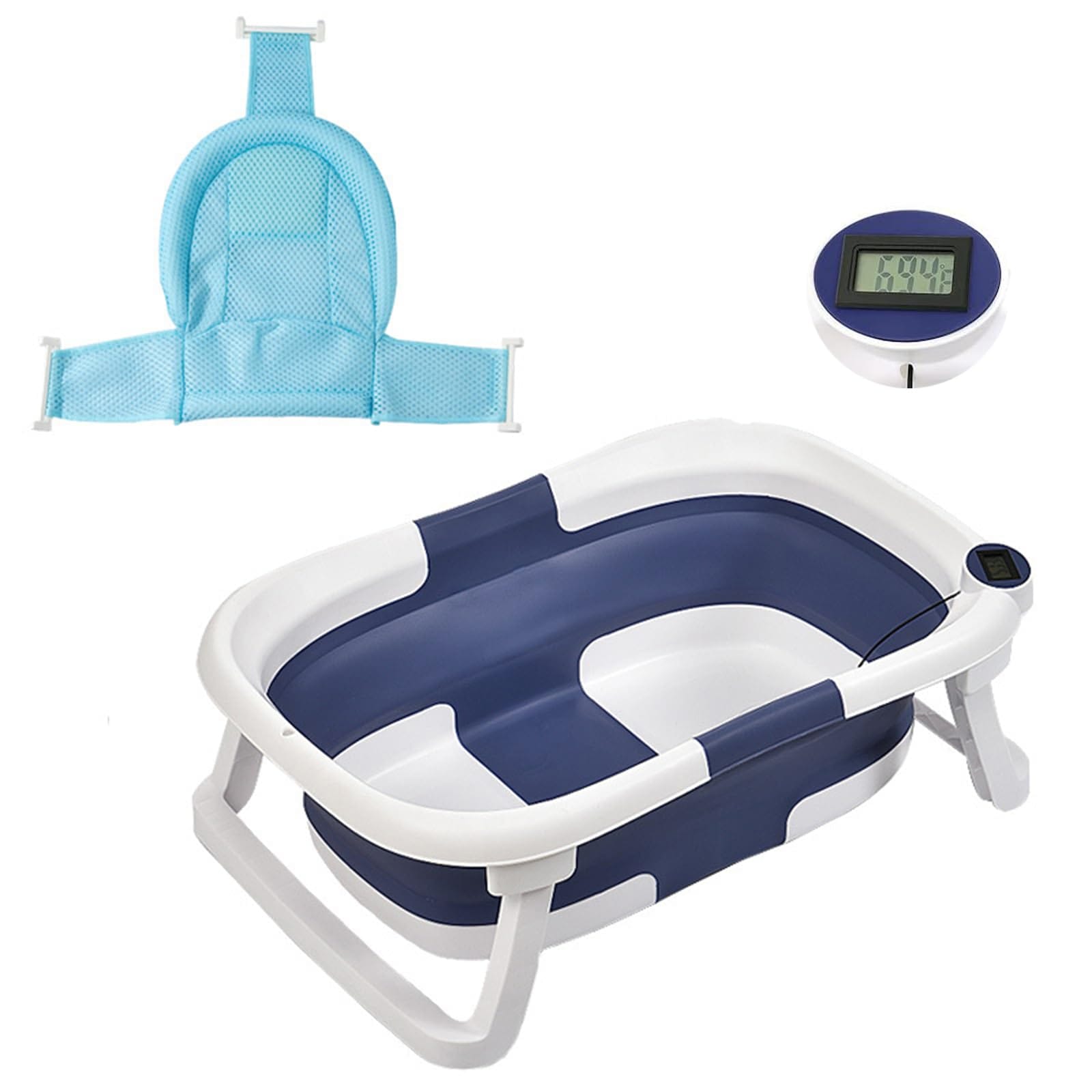 BQKOZFIN 折りたたみ ベビーバス 赤ちゃん お風呂 ベビー 浴槽 対象年齢0~3才 滑り止め設計 ベビーバス用クッション付き 温度計付 (ブルー&ホワイト)