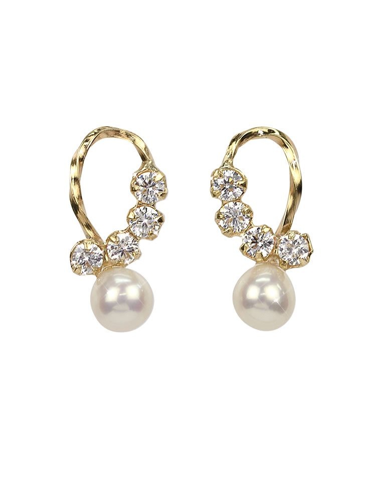 [四葉のクローバー] 淡水パール キュービックジルコニア 10金 スタッドピアス K10 10k イエローゴールド 6月 誕生石 女性 ：Sa402