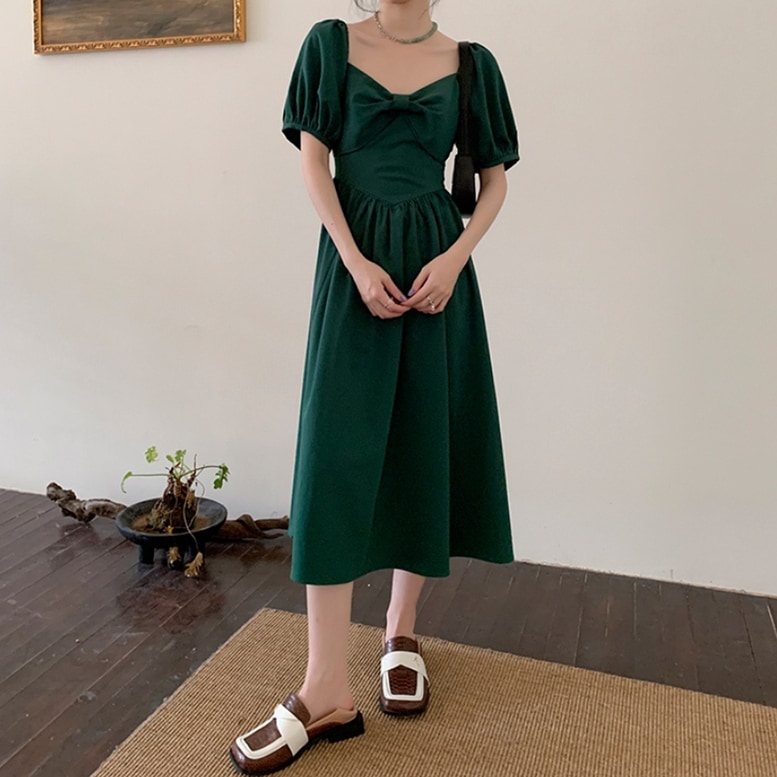 ワンピース レディース ロングワンピース パフスリーブ リボン ギャザー フレア ドレス