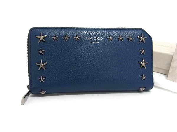 超美品 JIMMY CHOO ジミーチュウ 長財布 カーナビー - ブルー系 レザー ユニセックス スタースタッズ ラウンドファスナー【本物保証】