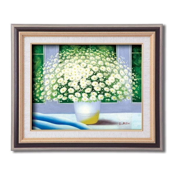 [花の油絵] 黒いフレーム/白い花 アレックス 油絵額 F6号サイズ 紘黒額