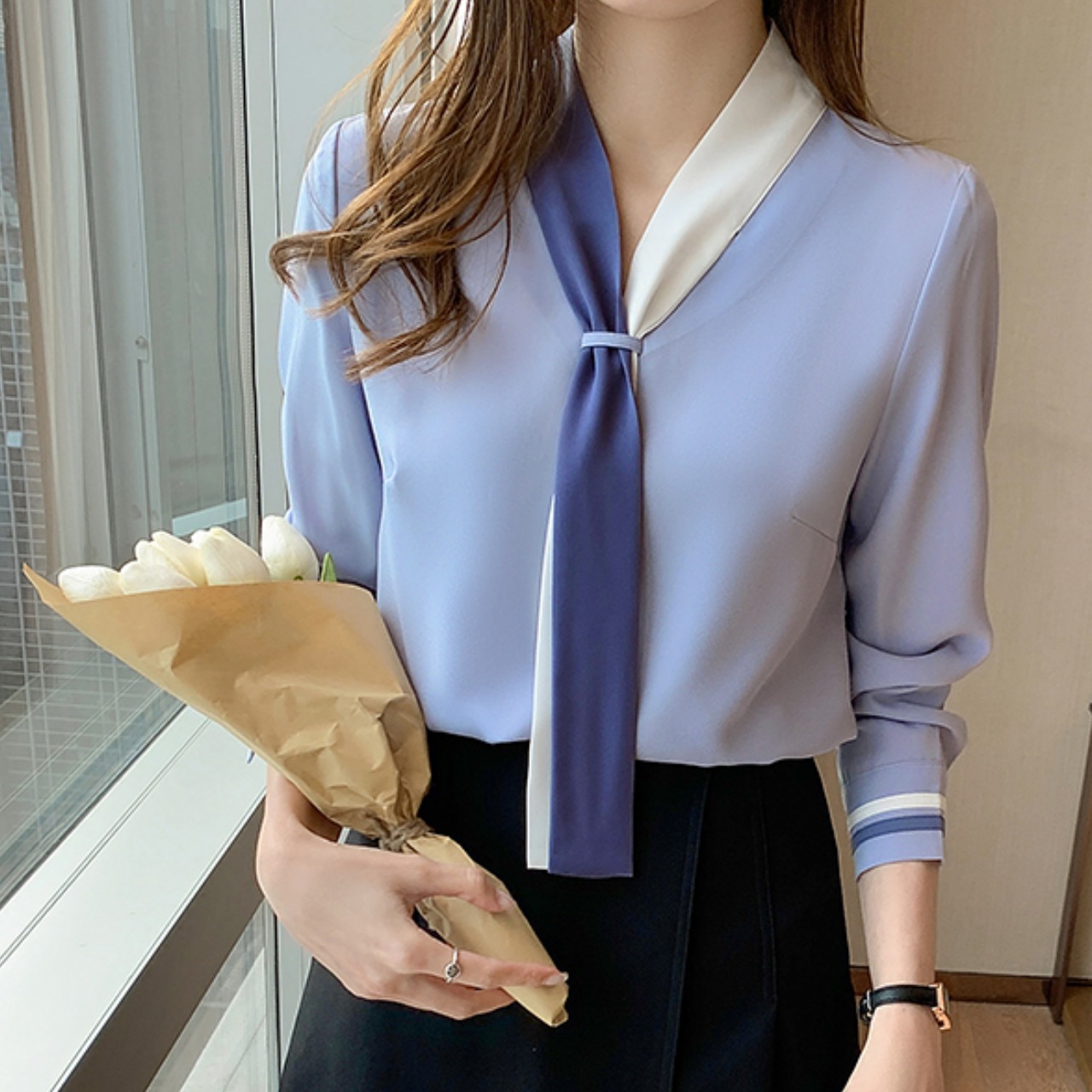 トップス シャツ レディース シフォンシャツ Vネック ルーズ ストレート 袖あり 長袖 リボンタイ セクシー かわいい 大人可愛い きれいめ 大人 おしゃれ お洒落 大人女子 こなれ感 上品