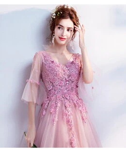 ラインドレス　ウェディング　ロングドレス二次会ドレスカラードレスパーティードレスウェディングドレス　イブニングドレス　ウエディングドレスピンク　トレーン付き　結婚式　演奏会披露宴忘会　二次会ロングドレ