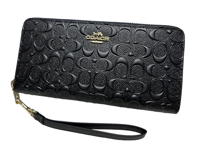 コーチ財布 COACH 長財布 ロング ジップ アラウンド ウォレット シグネチャー レザーブラック ゴールド 型押しレザー メンズ 財布 レディース C7360