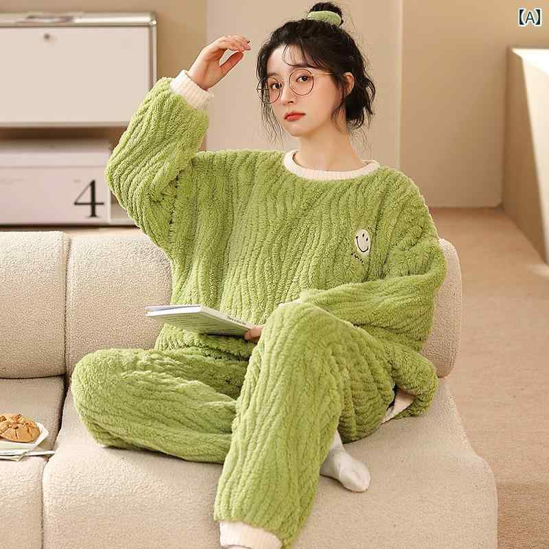 ルームウェア レディース パジャマ 部屋着 ガーリー 秋冬 長袖 ラウンドネック 暖かい グリーン ピンク パープル