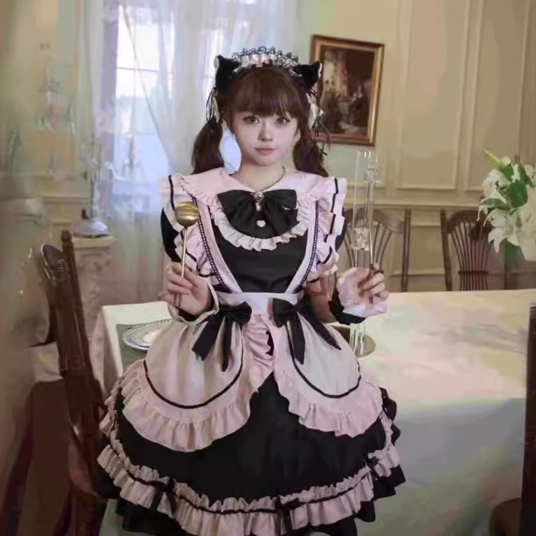 2025新作日韓lolita黒粉メイド服コスプレ甘美少女可愛い猫蝶結びソフト妹カバー