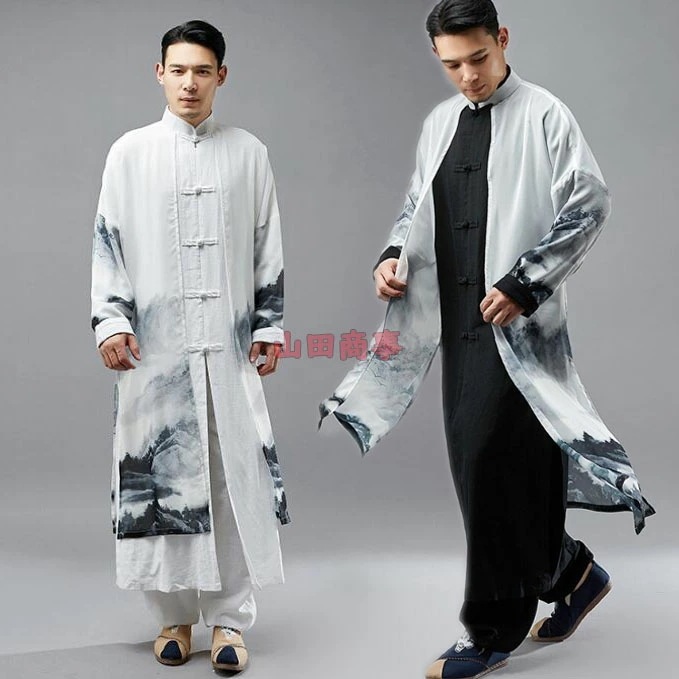 チャイナ服 メンズ中華風カーディガン ロング丈コート フェイクレイヤード 羽織　中華風ボタン付き 綿麻 シフォン ロング丈シャツ　メンズ　長袖　中華風　太極拳服　紳士服　レトロ XS/S/M/L/XL