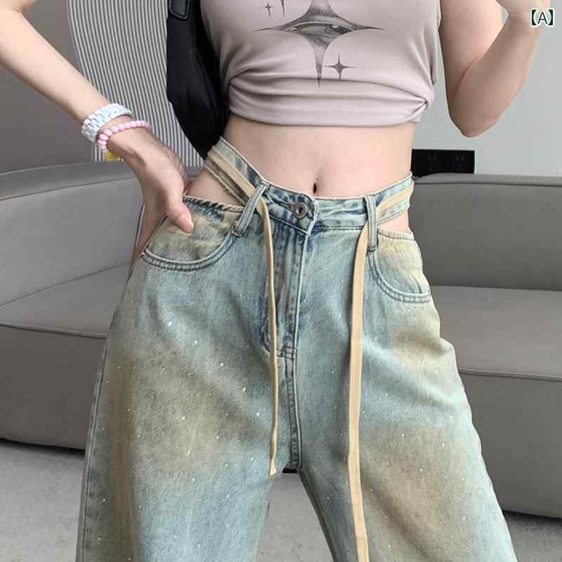 デニムパンツ レディース ダメージ ジーンズ クラッシュ ボトムス レトロ 夏 薄手 ハイウエスト ワイド ストレート 韓国 ブルー