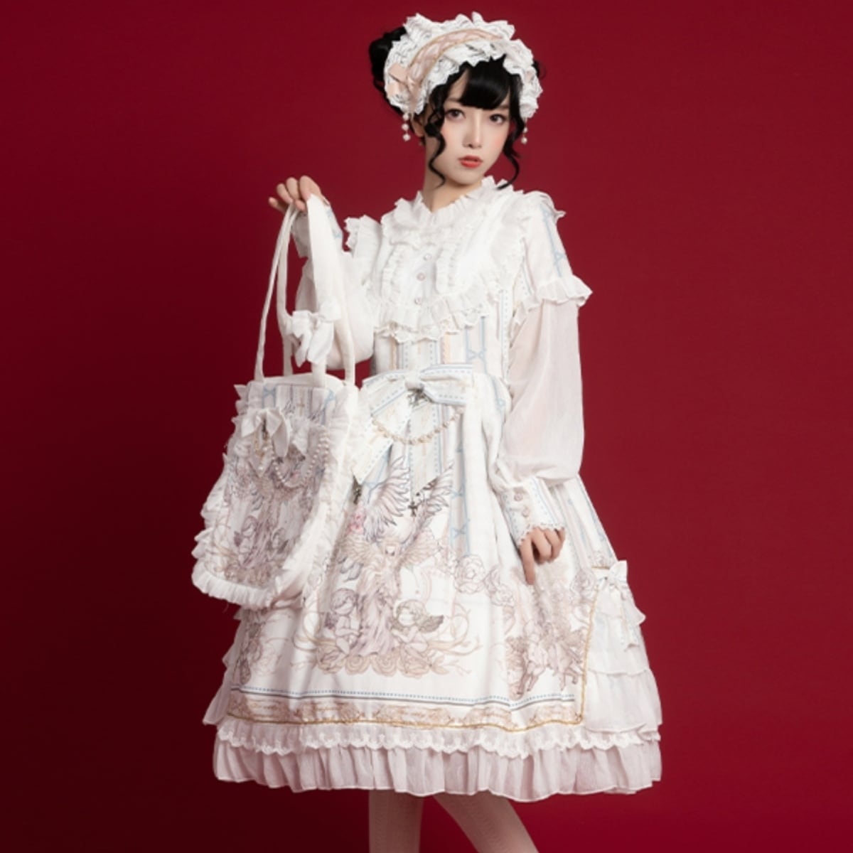 ワンピース ミディアム丈ワンピース ロリータドレス 長袖 ハイネック フリル フレアスカート 刺繡 リボン レース かわいい 可愛い 大人可愛い きれいめ シンプル 上品 おしゃれ かっこいい