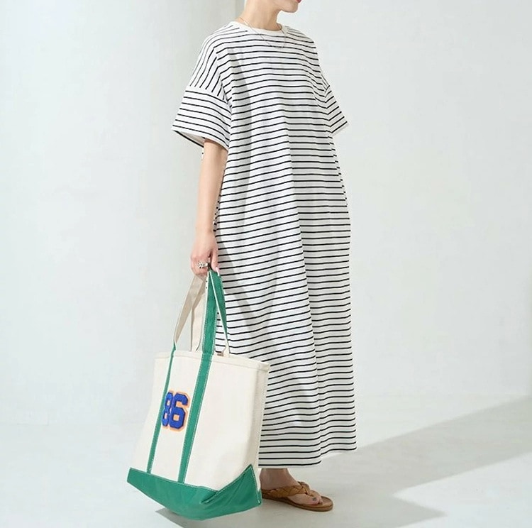 ワンピース ロング マキシ 5分袖 ラウンドネック ストレート Iライン 大人可愛い シンプル カジュアル おしゃれ レトロ アジアン ラフ ラブリー ナチュラル ワイルド 無地 ボーダー 夏