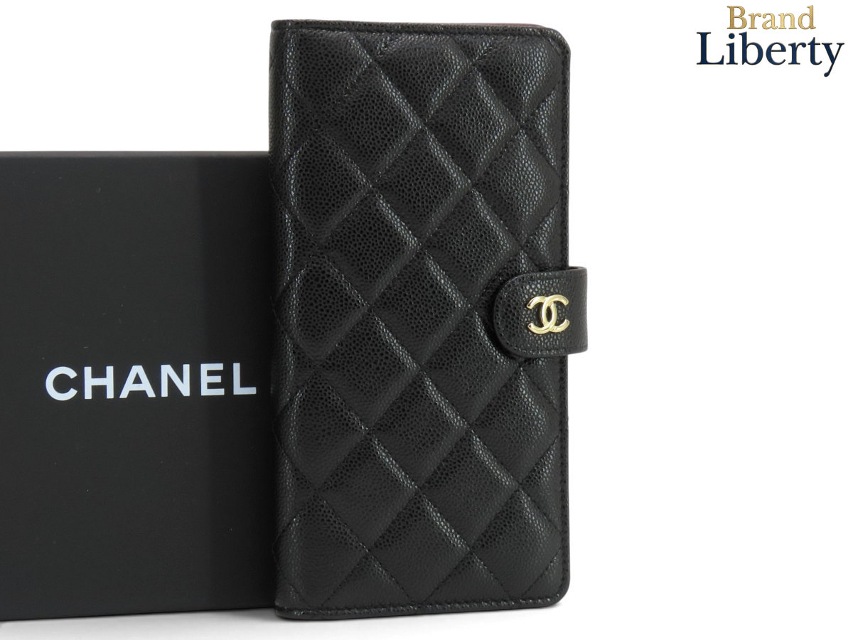 新古品シャネルCHANELマトラッセココマークキャビアスキンタイムレスクラシック手帳型二つ折り長財布ブラックゴールド金具グレインドカーフスキンAP4129