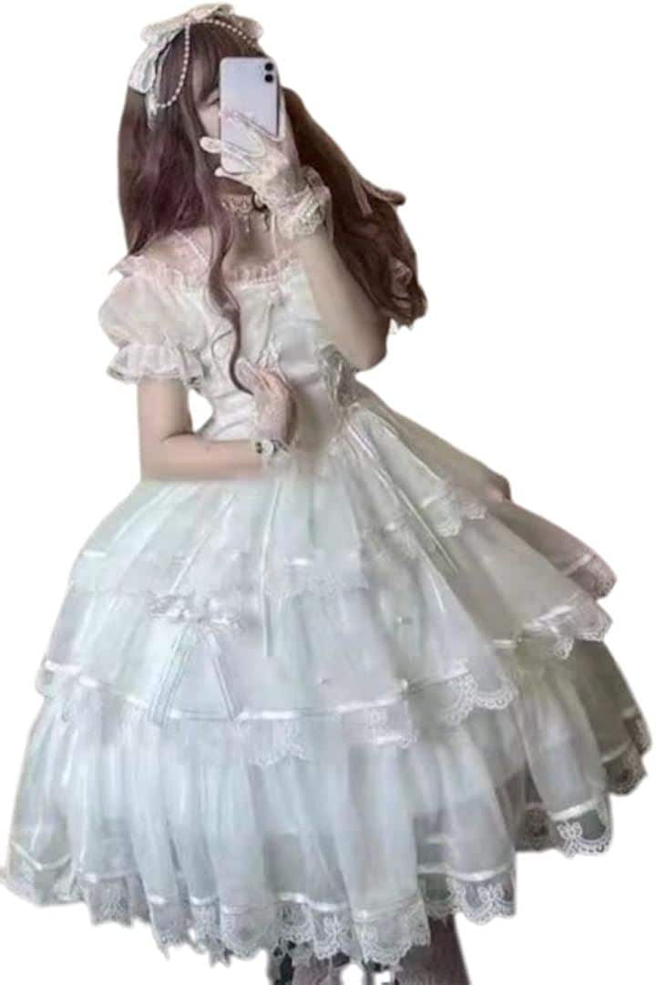 レディレイジー 白 ドレス ロリータ ワンピース ウェディング 結婚式 コスプレ ひざ丈(ホワイト, L)