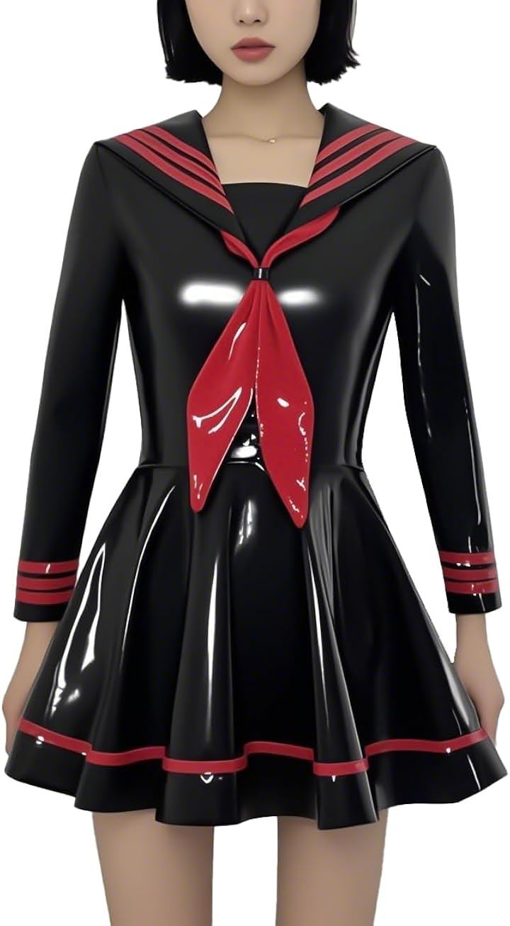 エナメルセーラーワンピース 制服 光沢 セクシー コスプレ コスチューム レディース(ブラック, 2XL)