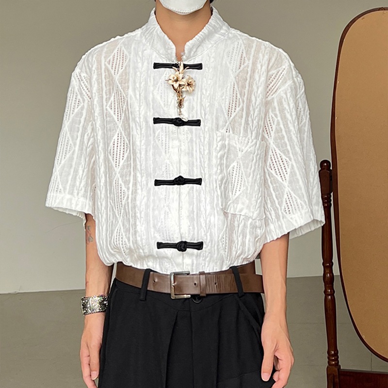 チャイナ風シャツ レディース 半袖 ゆったり 薄手チャイナ ジャガード トップス ユニセックス スタンドカラー メンズ 黒 白 ブラウン 男女兼用 ストリート系