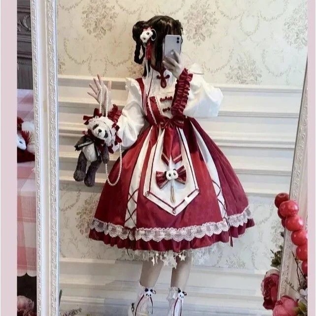 プラスサイズのロリータ赤いチャイナドレスロリータシングルドレス蝶ネクタイOPシェフ新年スタイル