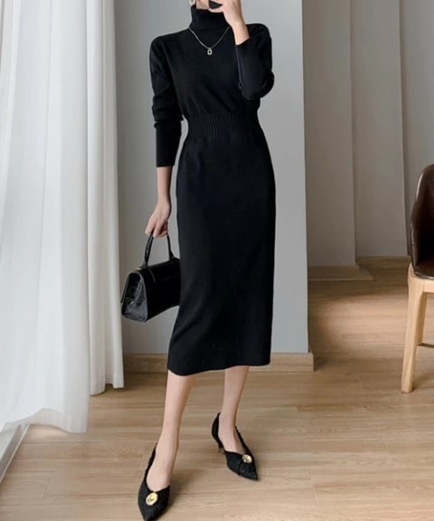 タートルネック ニットワンピース ひざ丈ワンピ シンプル カジュアル オフィスカジュアル タイトワンピ 無地 大きいサイズ レディース 秋冬 結婚式 きれいめ タイト フォーマル 大人 上品 チュニッ
