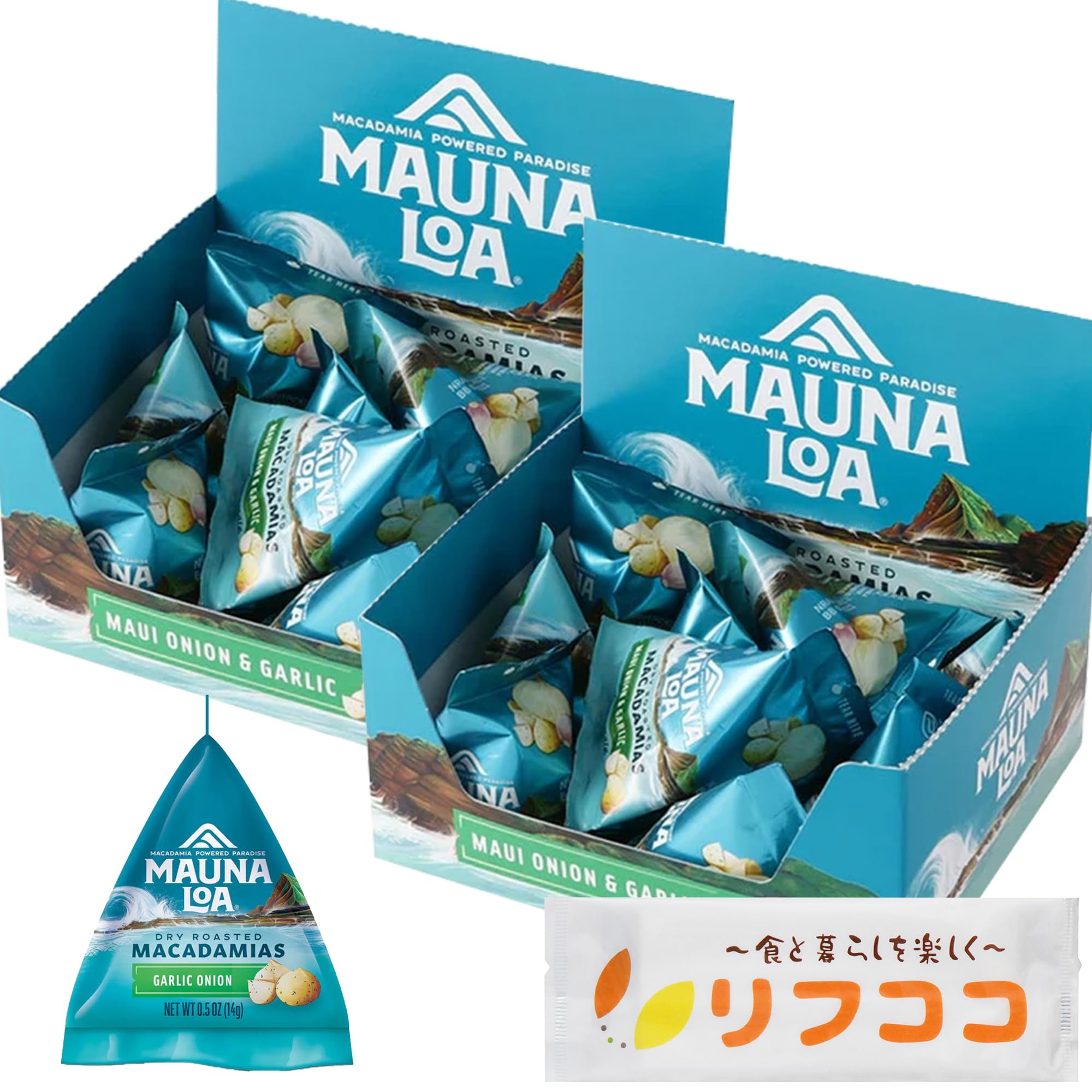 MAUNA LOA マウナロア マカデミアナッツ ミニパック (マウイオニオン&ガーリック味) 1箱 14g×8個入り×2箱セット 個包装 ハワイアンホースト ナッツ オリジナルおしぼり付き