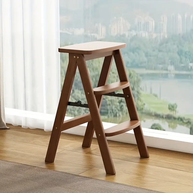 多機能三段折りたたみステップスツール - 持ち運び可能な厚手竹製はしごキッチン・リビングルーム・寝室・アウトドアに- 天然竹表面仕上げフットストゥルーや新築祝いギフトとしても完璧家庭/オフ