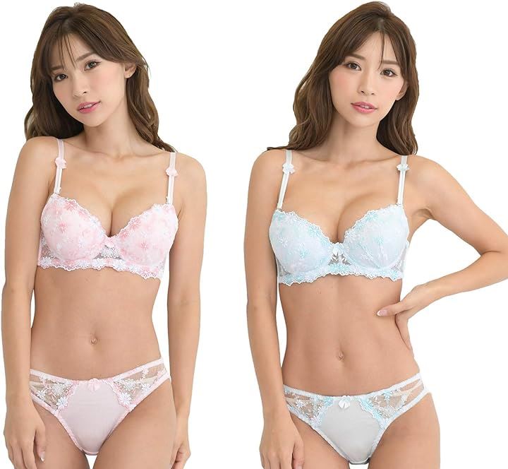 レディース ブラ ブラジャー ショーツ 下着 上 セット 女性 カップ 取り外し( ピンク＆ブルー, C65)