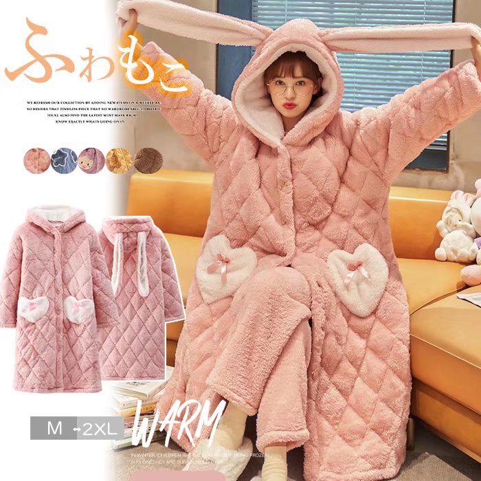 ぽかぽかの暖かさ！レディース うさ耳付き 起毛 暖かい ルームウェア ガウン パジャマ 着心地よい モコモコ 部屋着 プレゼント 暖かい 結婚祝い 女子会 ナイトガウン 着る毛布