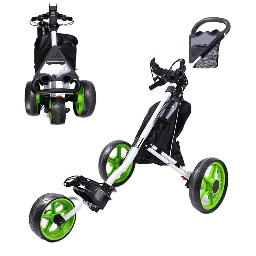 グリーンゴルフカート プッシュプルゴルフカート 折り畳み式カート アルミ合金製 ハンドブレーキとドリンクホルダー付き 開閉が簡単 練習収納 手引きゴルフ