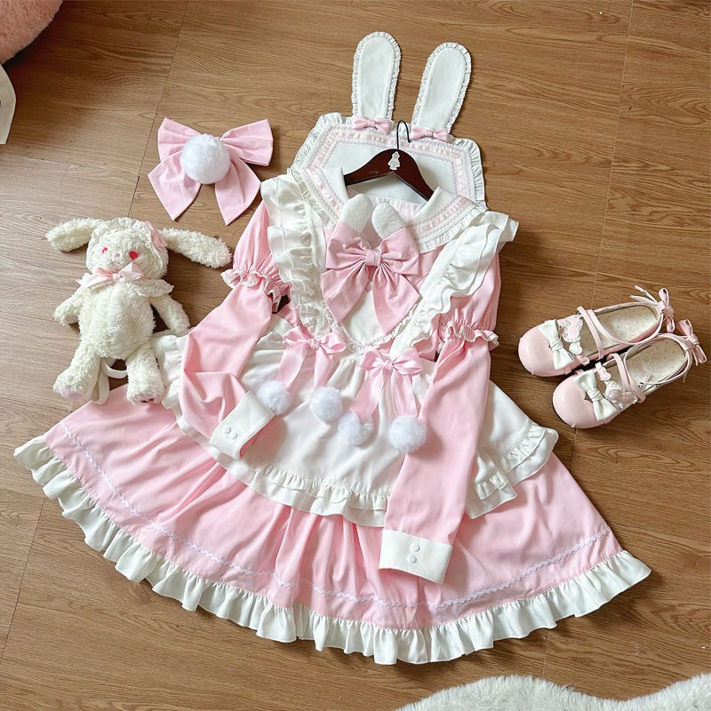 Lolita冬長袖ウサギ耳ワンピースロリータかわいい大童プリンセススカート女子中学生甘い系lo