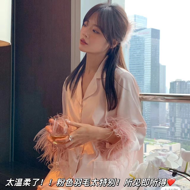 パジャマレディース春と夏のアイスシルク長袖大きいサイズ高級無地スーツ小紅書風軽量高級羽毛ホーム服