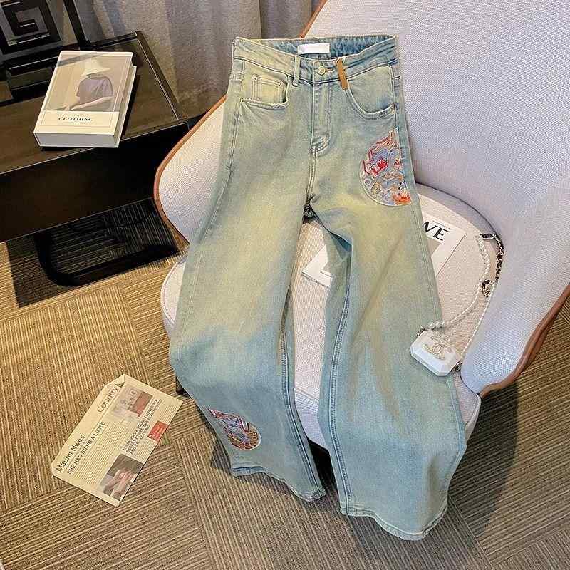 レディース ファッション カジュアル おしゃれ レトロ チャイナ風 刺繍 ワイドレッグ ジーンズ 春 ハイウエスト スリム ストレート パンツ