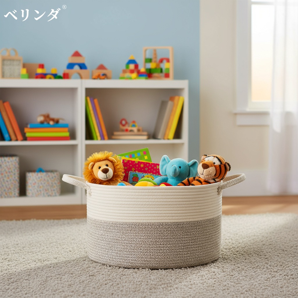 大型収納バスケット 83L コットンロープ ハンドル付き 55×35cm