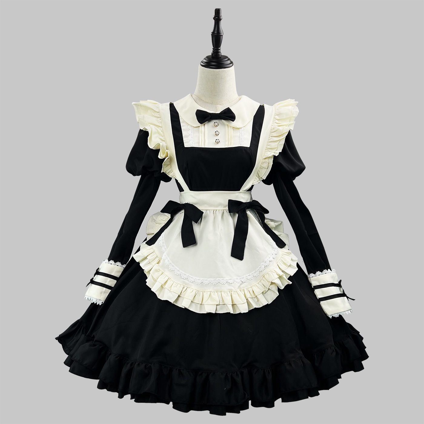 新品ロリータブラックワンピース日韓シスターレースメイド服カフェ可愛い日韓メイドワンピース