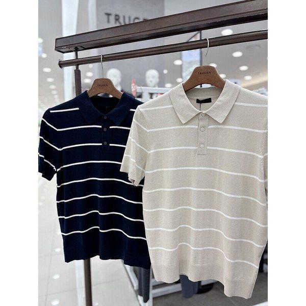 メンズ夏半袖洗濯可能なウォッシャブル綿100％ストライプポロカラーネックニットトップTシャツ2色_JK